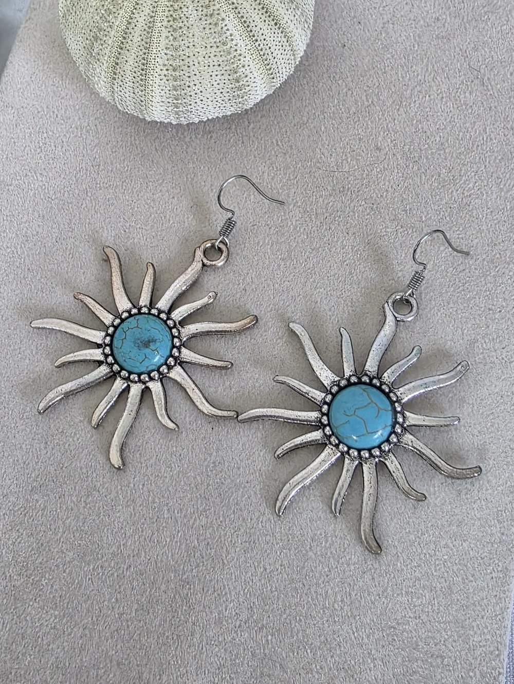 Boho Southwestern Silver Sunburst Dangle Earrings with Turquoise Style Stone